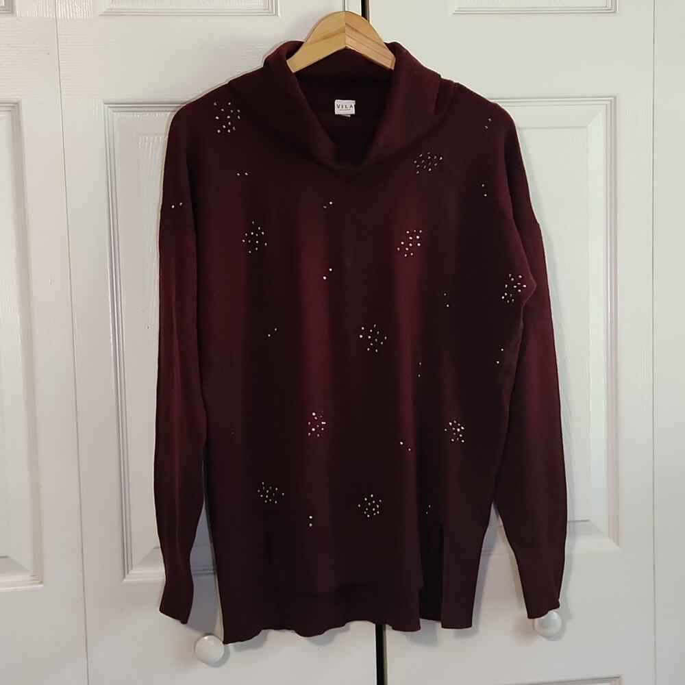 Vila Milano Women's Burgundy Long Sleeve Cowl Neck Beaded Sweater Size SM Wool